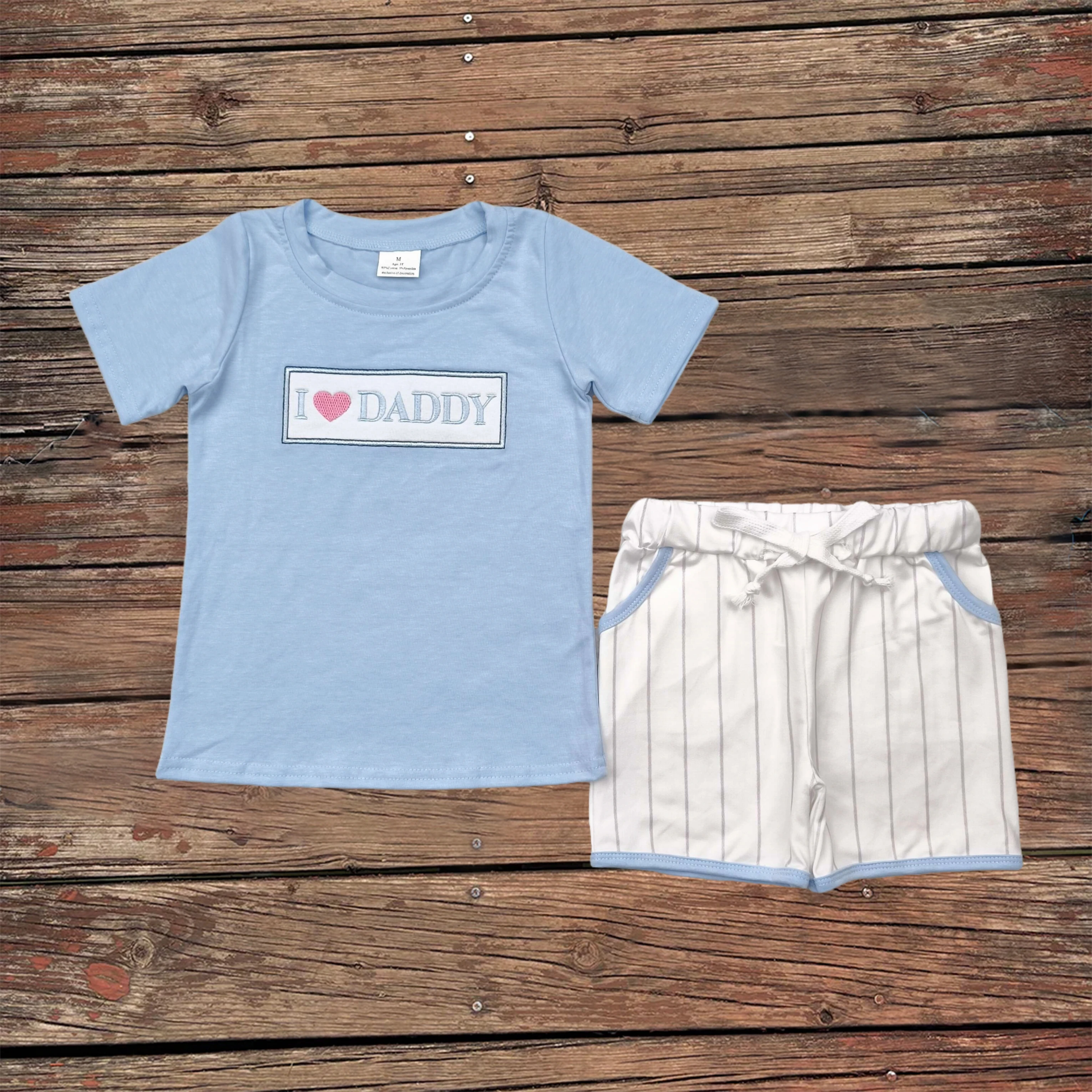 

Wholesale Embroidery Baby Boy Short Sleeves I Love Daddy Top Stripes Pockets Shorts Outfit Toddler Children Kids Set Clothes