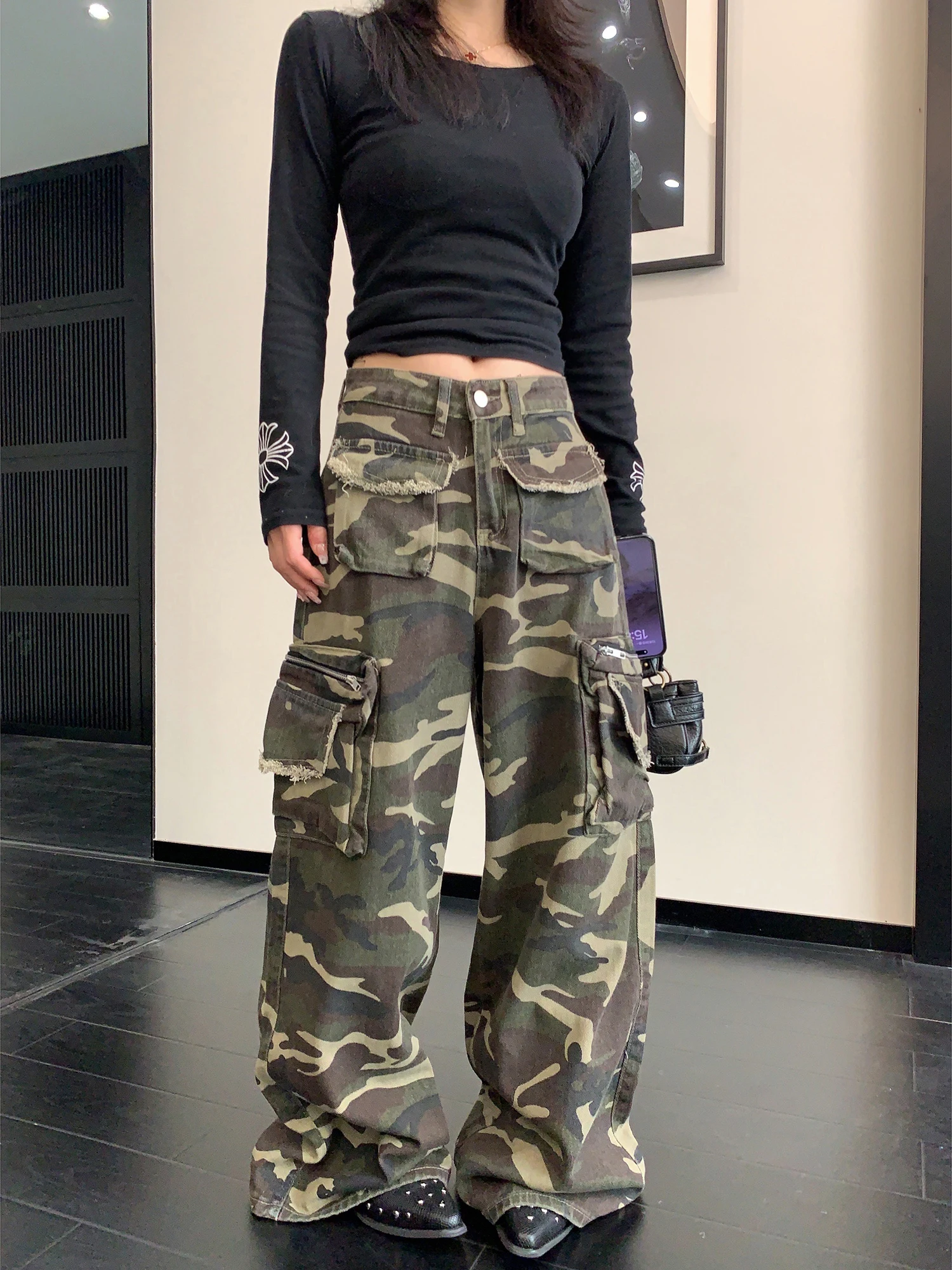 

Винтажные американские повседневные камуфляжные рабочие брюки для женщин, свободные, широкие, длинные, из чистого хлопка, с низкой талией, на молнии