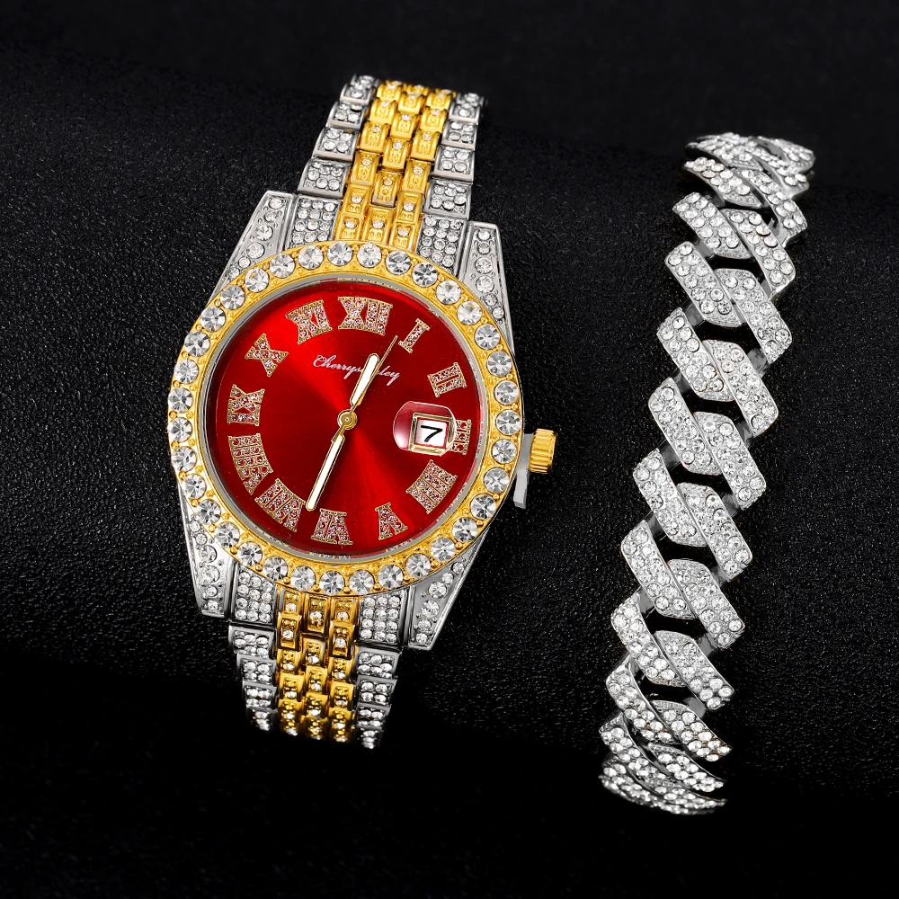 Iced Out red Color Watch Women\'s Luxury Rhinestone Cuban Chain Bracelet Watches Fashion Wrist Watch Hip Hop Jewelry new Men Gift