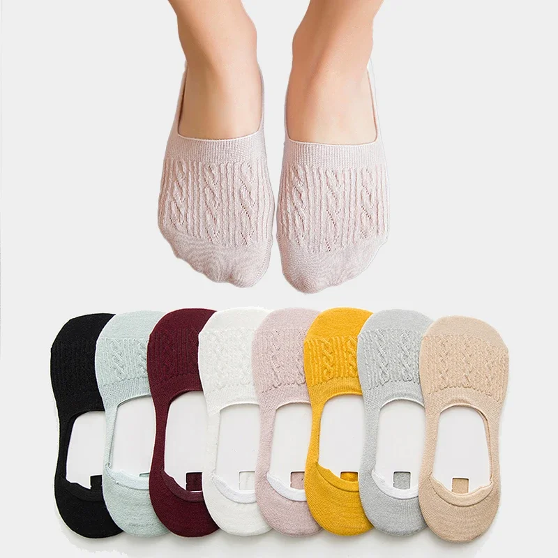 5 pares nova senhora casual respirável tornozelo barco meias meninas moda invisível antiderrapante algodão feminino meias conjunto baixo corte doce cor