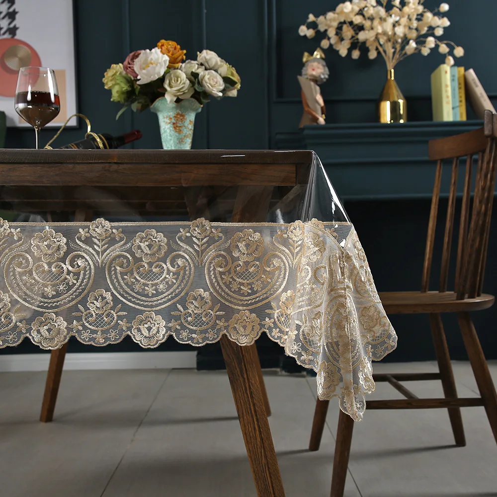 European Lace PVC Tablecloth, Waterproof and Oil-proof Furniture, Dustproof Cloth, Transparent, Washable, New