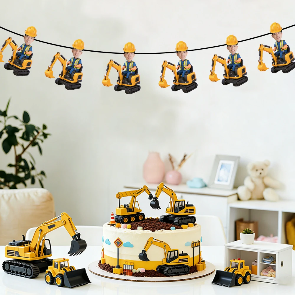 Bannière personnalisée avec photo sur le thème de la construction (6/12 pièces) pour garçon, idéale pour les fêtes d'anniversaire sur le thème de la construction.