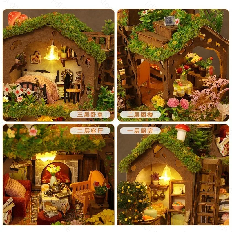 DIY Wooden Tree House Villa Model Hand-Assembled Toy Gift for Females Creative Handcraft Building Kit