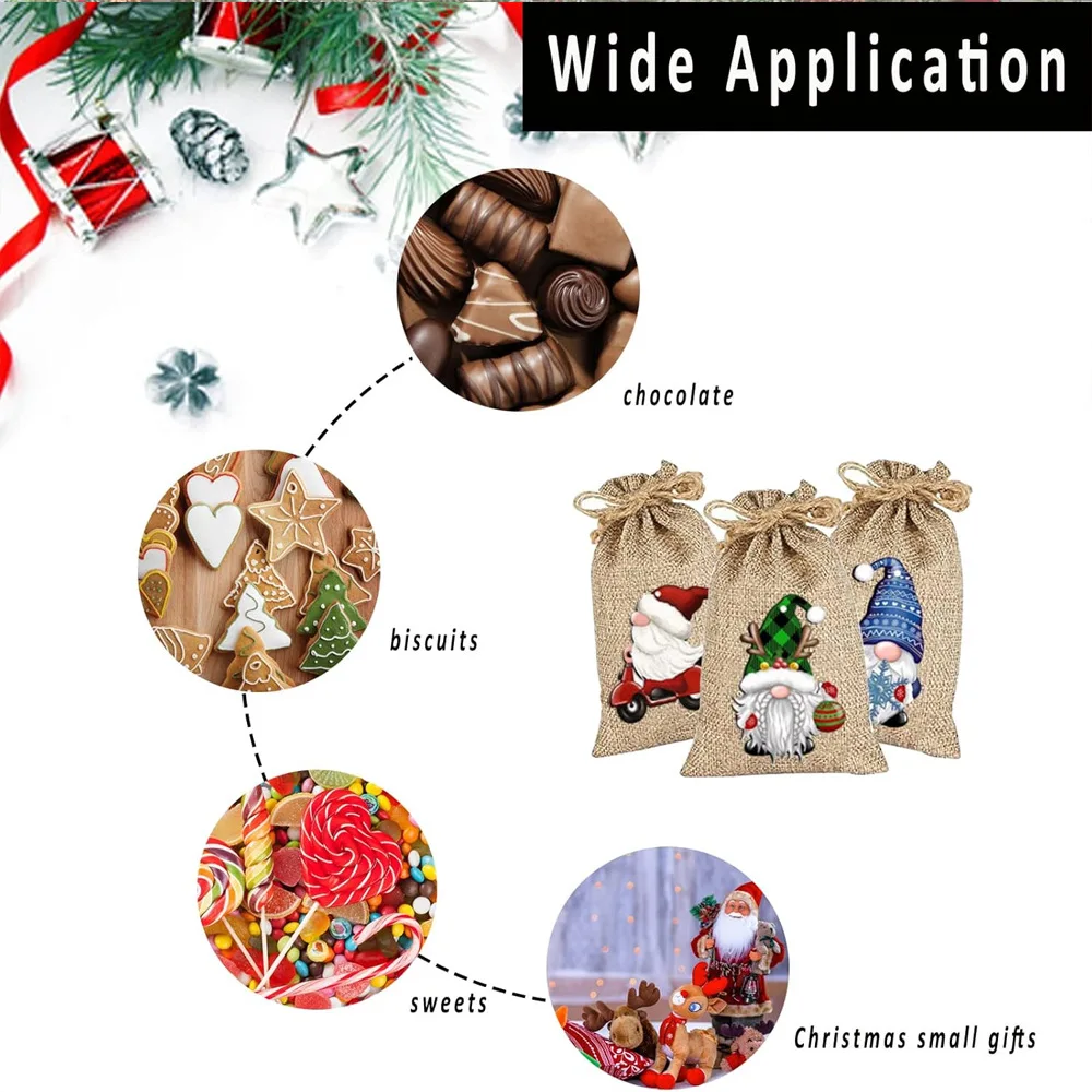36pcs/lot 10*15, 13*18, 15*20cm Santa Claus Snowman Burlap Linen Drawstring Bags Christmas Party Candy Gift Packaging Pouches