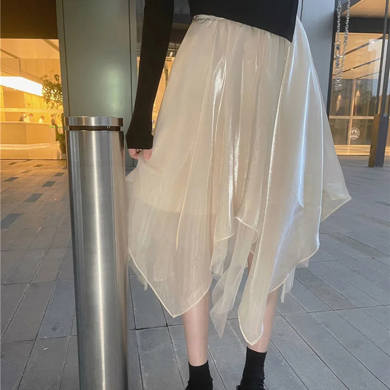 Korean Fashion All-match Asymmetrical Mesh Skirt 2023 Summer New Elegant Office Lady Commute High Waist A-Line Voile Midi Skirts