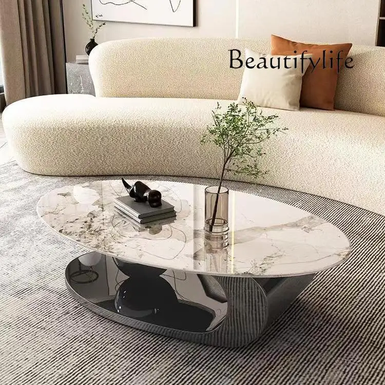 Light Luxury Modern High-End Stainless Steel Oval Stone Plate Coffee Table Design Living Room Small Apartment Coffee Table