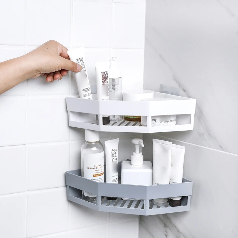 Wall Mount Corner Tripod Shelves Home Kitchen Bathroom Plastic Organizer Shelf Shampoo Toothbrush Holder Drain Basket