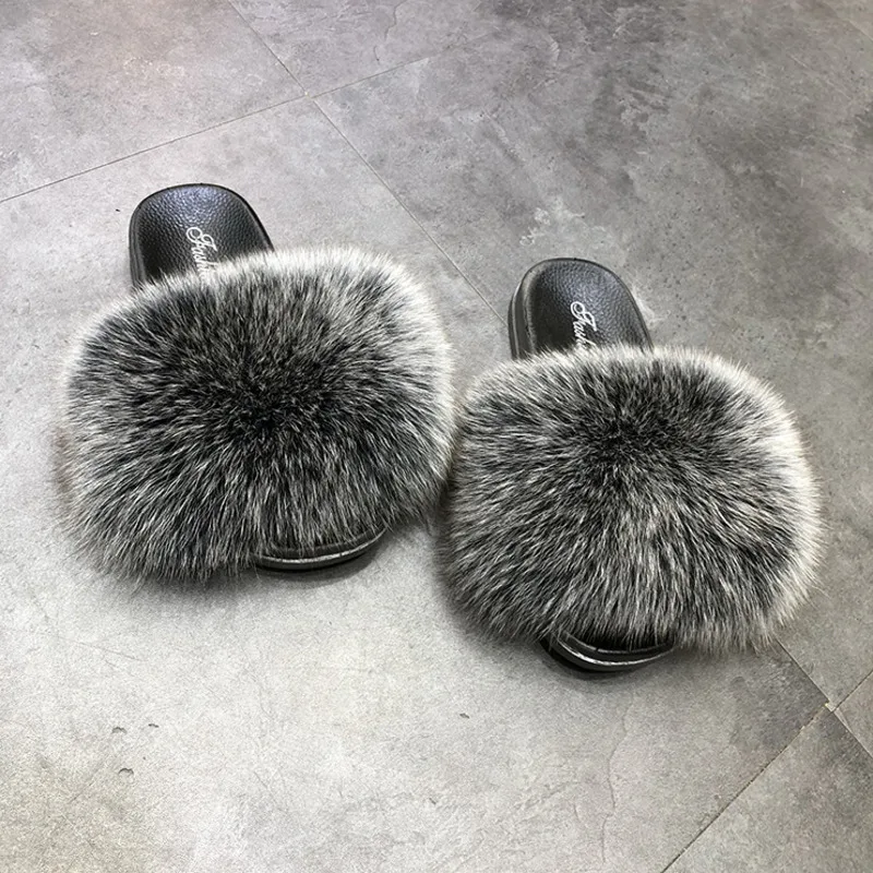 

Super Large Furry Fur Slippers Women Summer Real Fox Fur Slides Home Beach Sandals Female Cute Fluffy House Shoes Side To Side