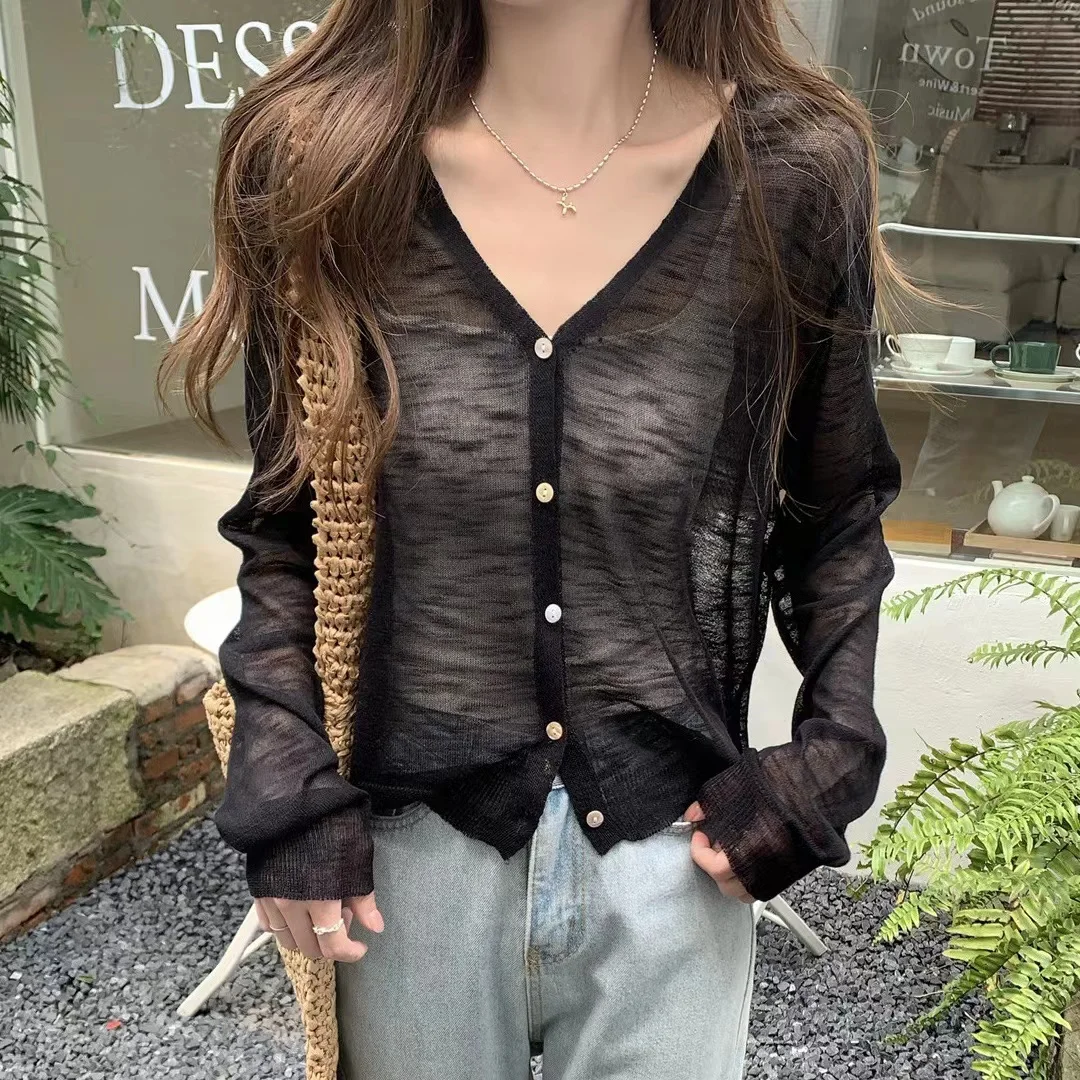 Button Down Knitted Cardigan for Women Long Sleeve V-neck Lightweight Blouse Spring Summer Cover-up Fairycore Tops view 3