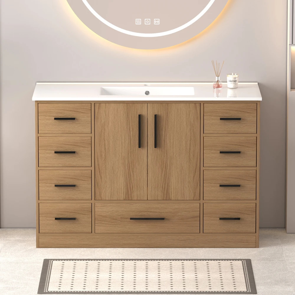 

48"Light Oak Bathroom Vanity. Abundant Storage Cabinet -2 Soft close doors and 9 drawers