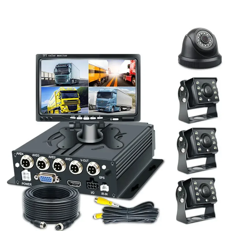 1080P 4CH SD Mobile DVR 4 Channels Bus Truck Van Video Recorder 2.0MP AHD Car Cameras 7inch Car Monitor with Playback Black Box