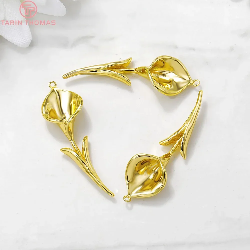 (1391)2PCS 12x37MM Hole 1MM 24K Gold Color Brass Lily Branch Charms Pendants High Quality Diy Jewelry Accessories