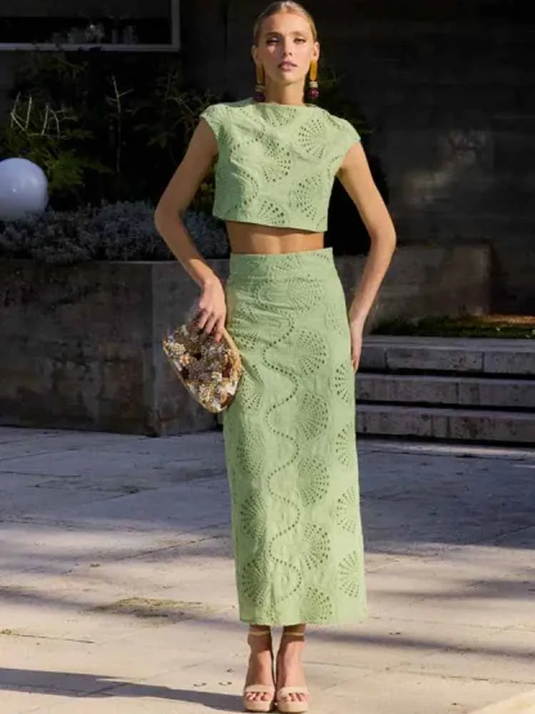 

BKQU вышивка ажурный топ юбка комплекты женский элегантный жилет без рукавов с круглым вырезом длинная юбка с разрезом комплект из 2 предметов повседневный пляжный женский наряд