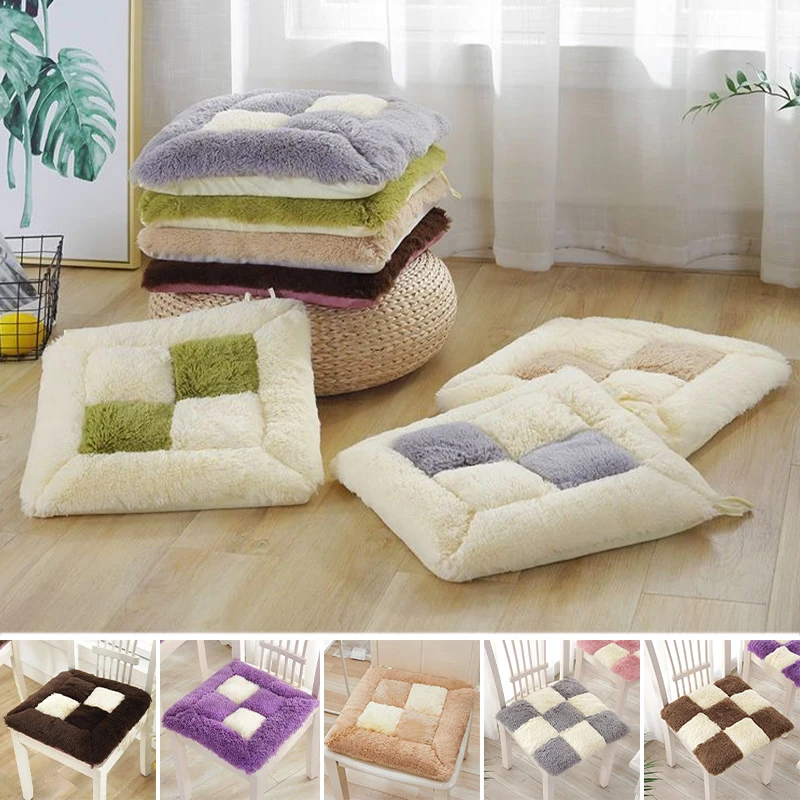 

45x45cm Plush Plaid Square Seat Cushion Winter Warm Chair Pad Non Slip Bottom for Office Dining Bedroom Window Stool Mat Decor