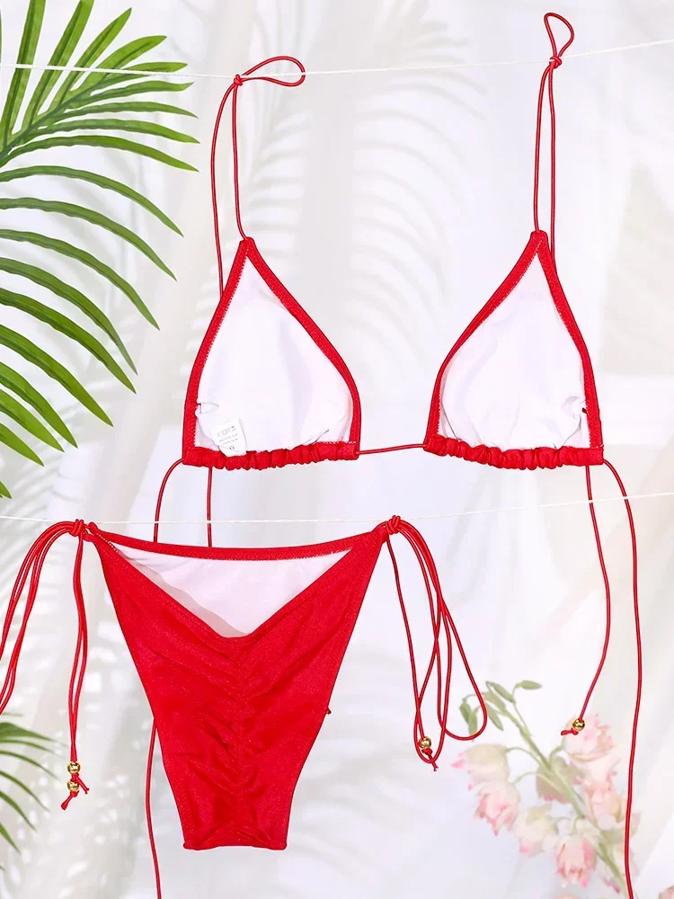 Sexy Triangle Mini Bikini Set Micro Thongs Red Swimsuit Women Bathing Suit Biquini Bandage Beachwear Print Swimwear Thong Bikini
