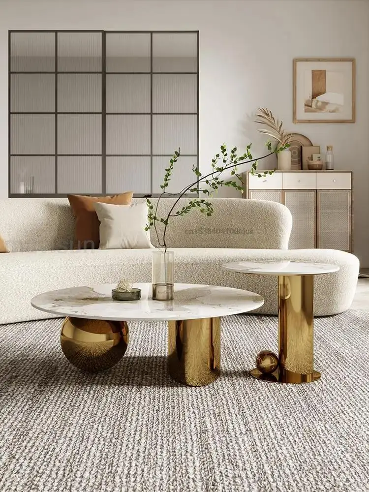 Minimalist Center Table Golden White Natural Marble Round Top Balls Base Steel Luxury Designer Coffee Table Set For Living Room