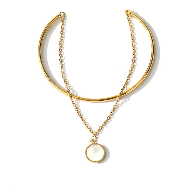 

2022 Waterproof Stainless Steel White Mother Shell Round Charm Double Layer Bangle Bracelets For Women Gold Plated Fashion Gift