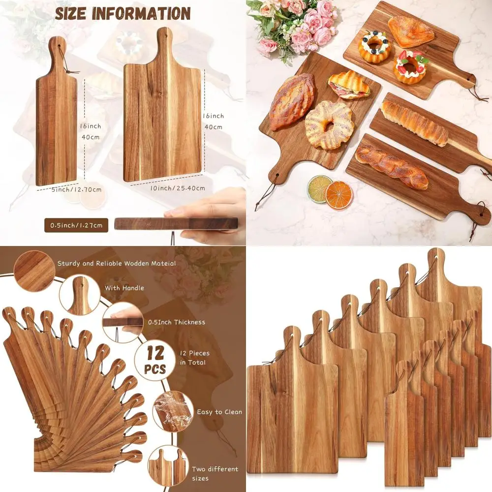 

Набор разделочных досок из дерева акации, 12 предметов, 16 x 10 и 16 x 5 с ручкой, идеально подходит для кухонных подарков