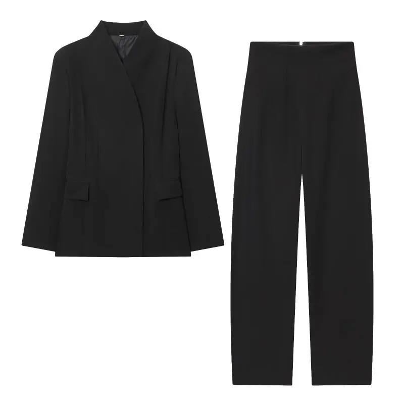 

Handsome Slim Fit Solid Black Suit Jacket Full Sleeves Streetwear Coat Lady Tops Zipper Long Pants Set Fashionable Pantsuit