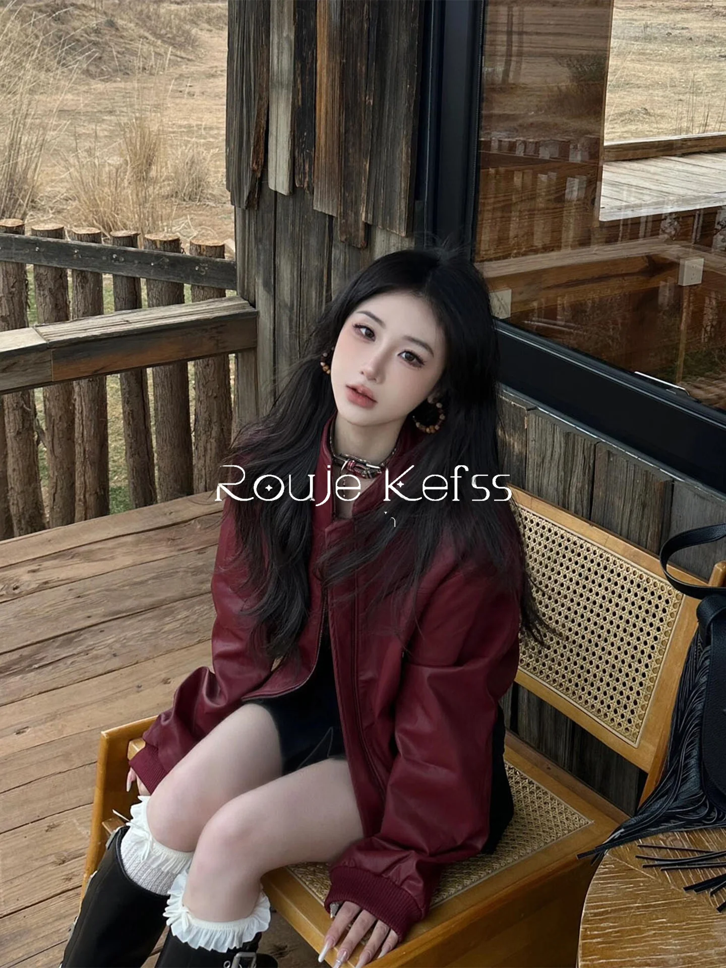 

Rouje Kefss American Style Women's Leather Jacket Coat Spring Autumn New Fashion Retro Trendy Casual Long Sleeve Zipper