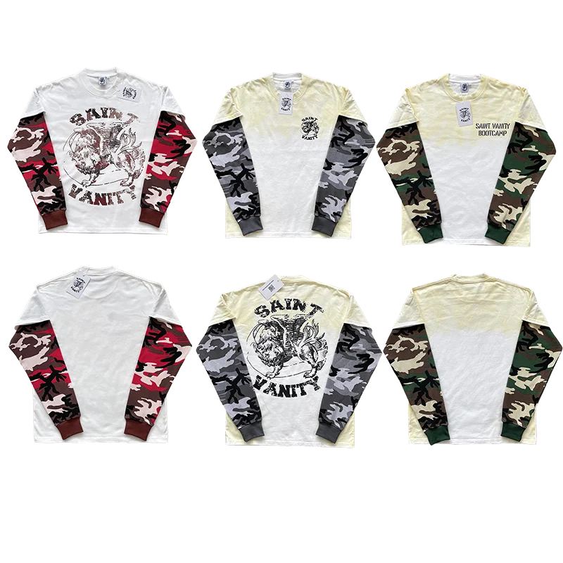SAINT VANITY Camouflage Patchwork Sleeve Long Sleeve T-Shirt Trendy Youth Cotton Breathable round Neck Casual Top for Men