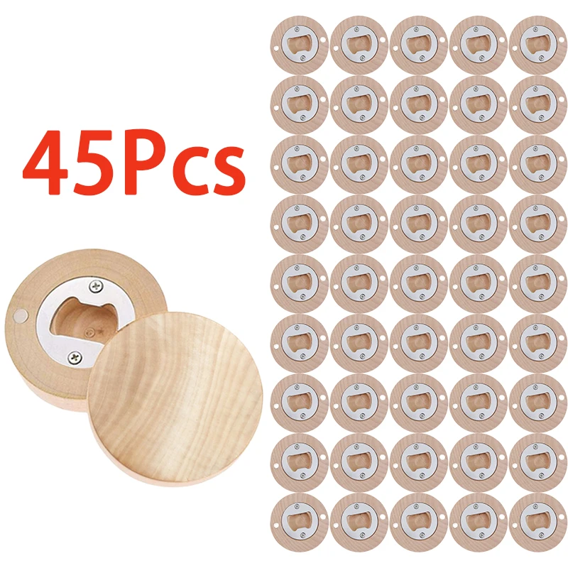 

45Pcs Innovative Design Magnetic Bottle Opener Wood Round Fridge Magnet Opener Coaster Bottle Opener With Magnets