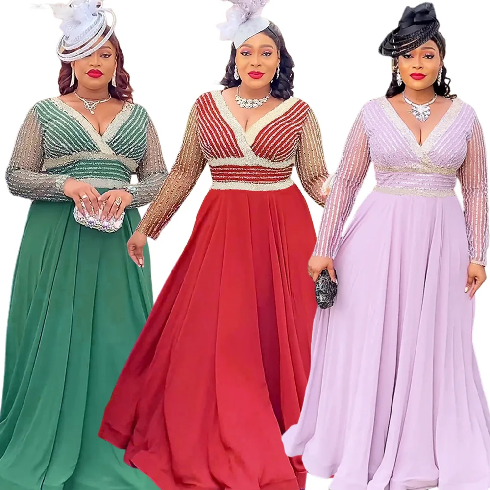 

African Dresses For Women 2025 Plus Size Sequin Evening Party Long Dress Africa Clothes Elegant Kaftan Muslim Chiffon Maxi Dress