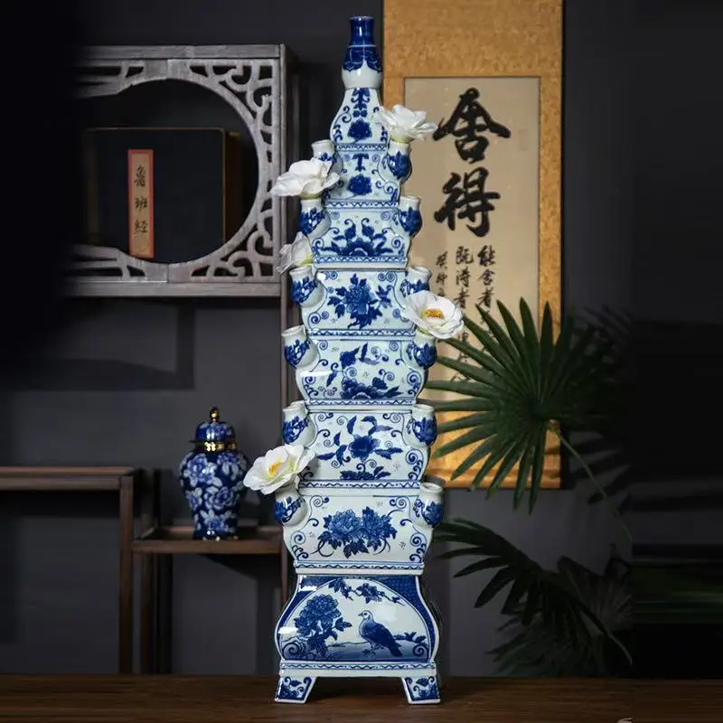 

Traditional blue and white Chinese pagoda vase Art Deco style home decoration ceramic vase with opaque glaze