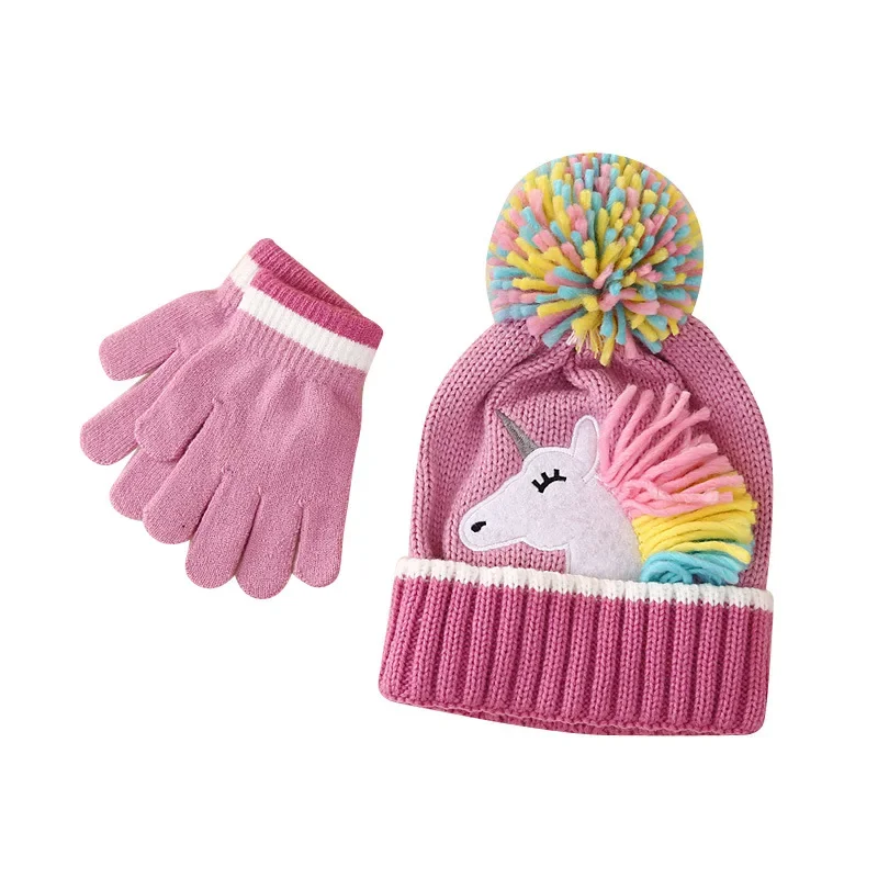 Conjunto de gorros y guantes de punto rosa para niña, lindo unicornio, pompón colorido, regalo encantador para hija, Invierno