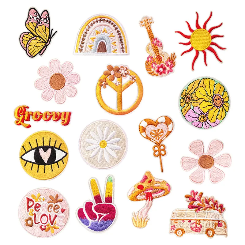 Cartoon Yellow Flower Embroidery Iron on Patches for Clothing Butterfly Sun Rainbow Clothes Stickers Apparel Sewing Accessories