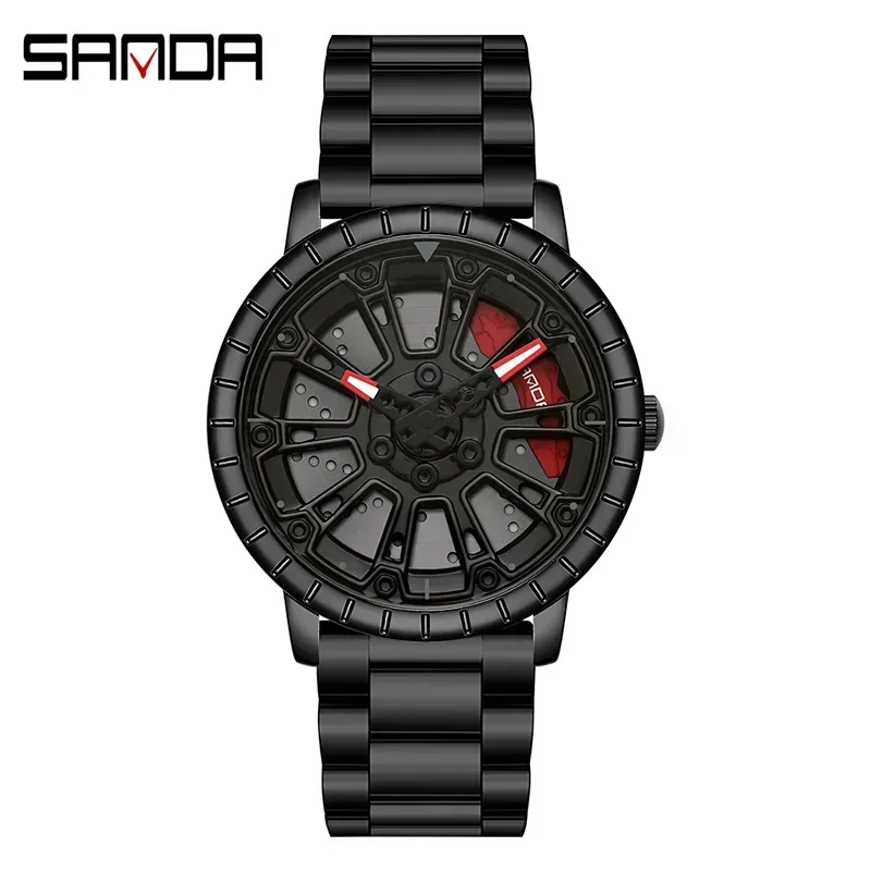 

Sanda 1058 Hot Sale Model Men Hollow Out Design Rotating Car Wheel Dial Quartz Movement Water Resistant Analog Wrist Watch