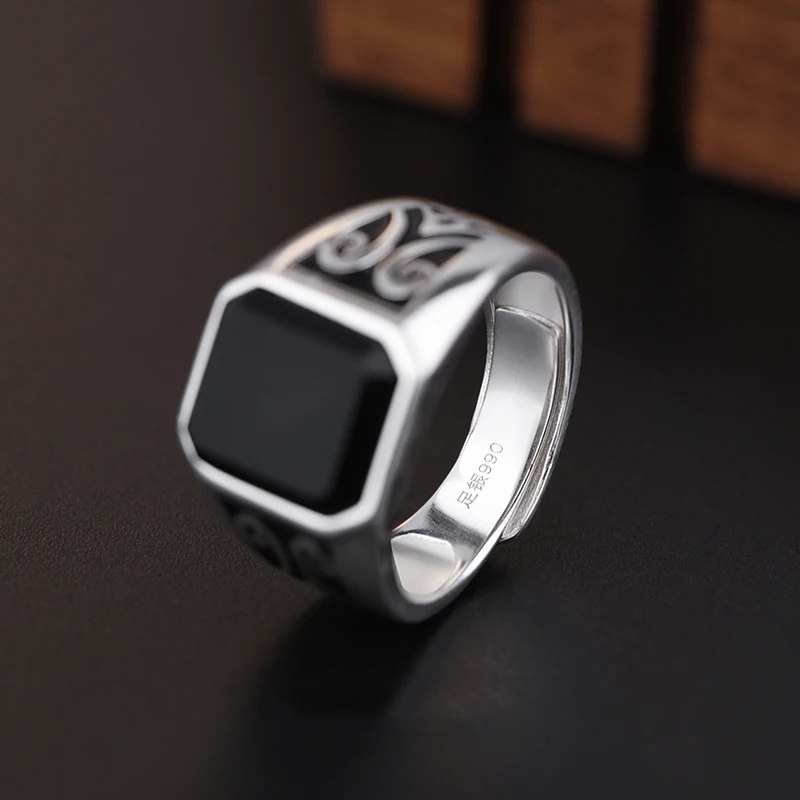 S990 Sterling Silver Black Ring Men's Trend Personality Men's Accessories Fashion Adjustable Jewelry Ring