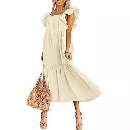 Summer Fresh And Fashionable Retro Women's Dress Solid Color Square Neck Flying Sleeves Off-shoulder Pleated Loose Beach Dress