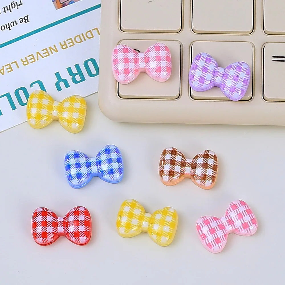 10Pcs Kawii Mini resin Grid Bow Series Miniature Flat Back Cabochons For Hairpin Scrapbooking DIY Home Decor Craft Accessories