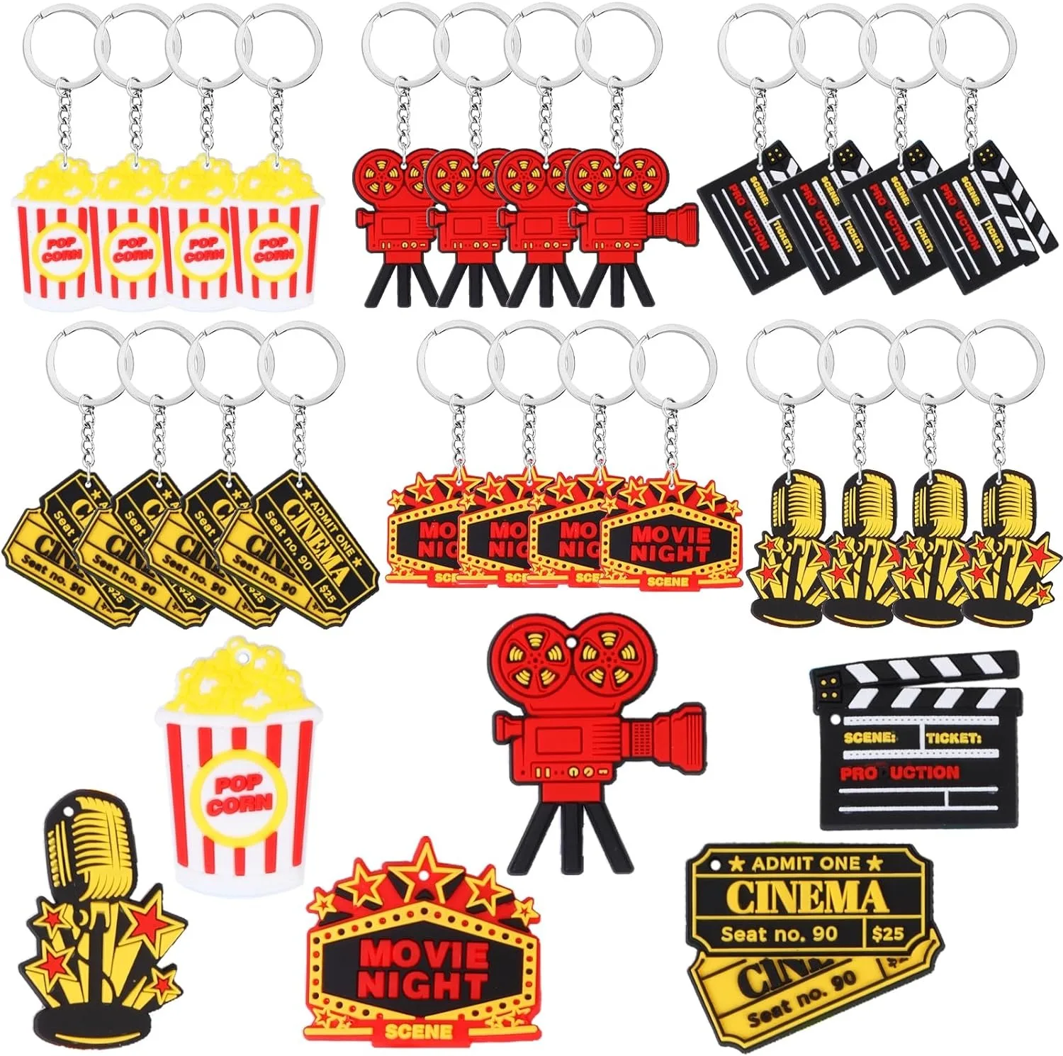 Fangleland 24PCS Movie Night Keychains, Include Ticket Popcorn Microphone Projector Keychains for Birthday Party Supplies