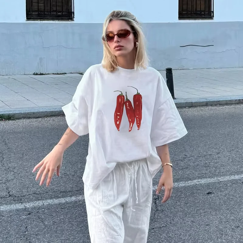 

American Street Hip Hop Personality Chili Printing Loose Short Sleeve T-Shirt Casual Top Women Clothing