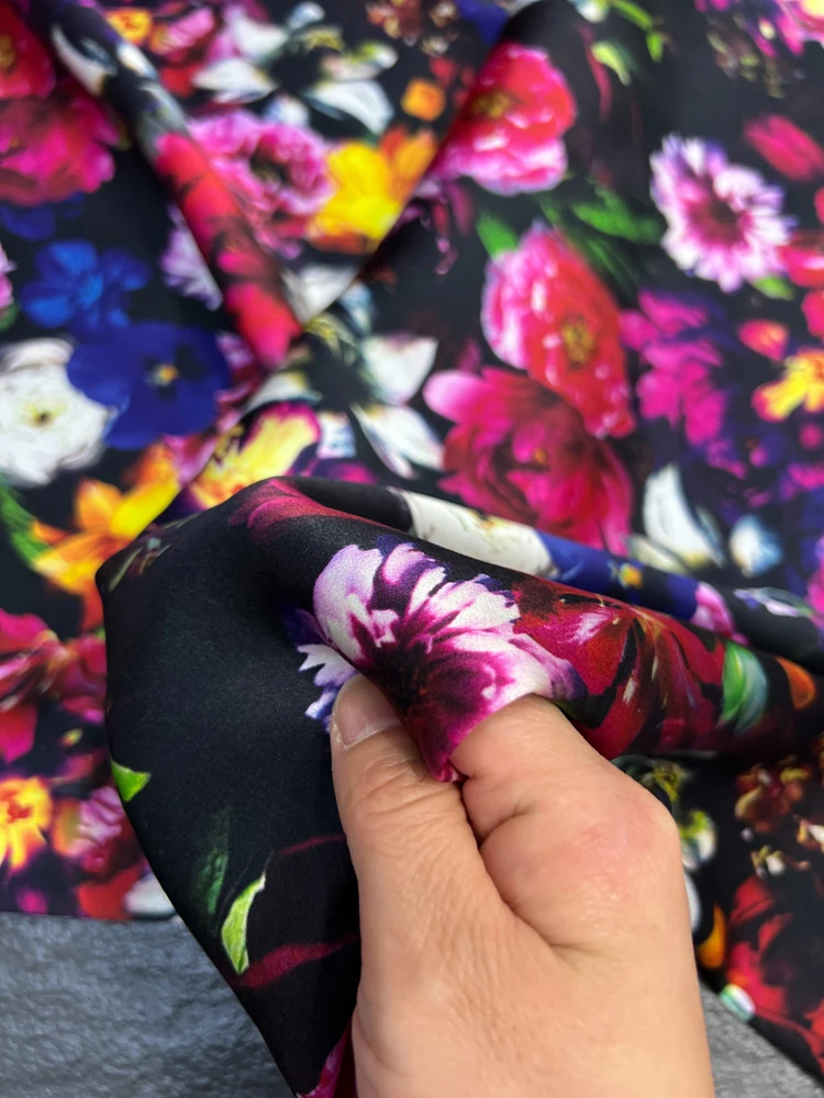 Tela de seda satinada elástica con flores, tejido brillante, 93%, 7% Spandex, 19 Momme