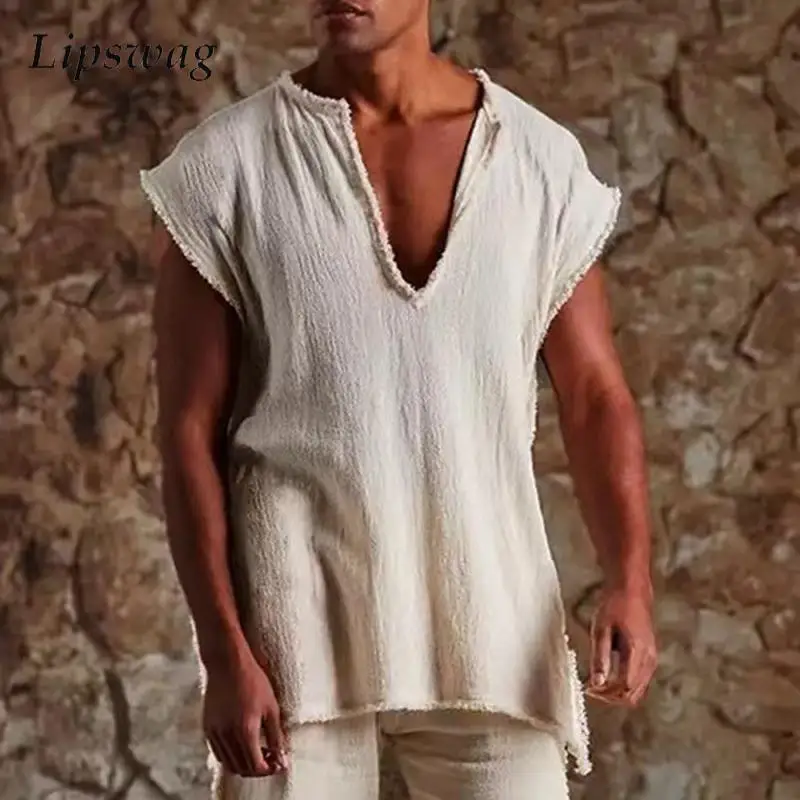 Stilvolle zerrissene V-Ausschnitt Tank Tops Herren Vintage einfarbig lose ärmellose Unterhemden Männer Sommer lässig atmungsaktive dünne T-Shirts