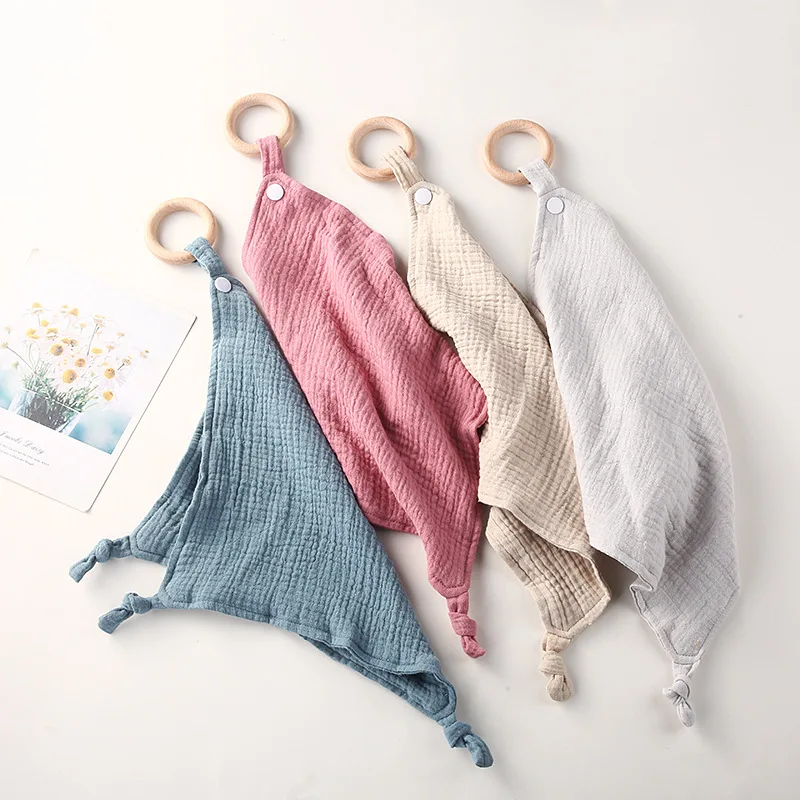 Baby Handkerchief With Wooden Ring Security Cotton Square Towel For Children Kids Teething Saliva Comfortable Towel