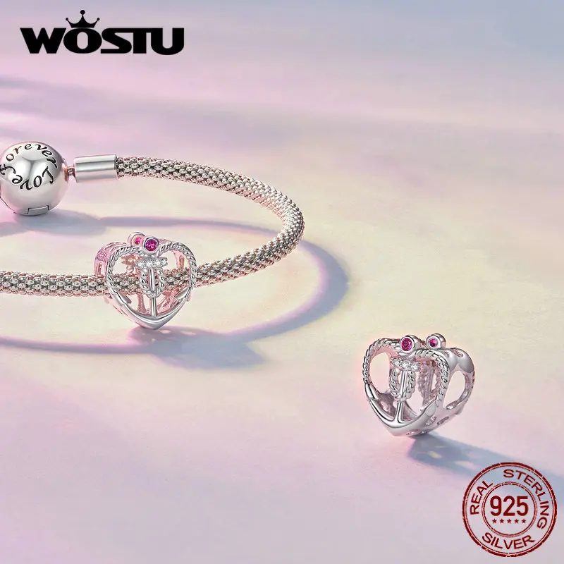 WOSTU 925 Sterling Silver Pink Crystal Heart Charms Beads Zircon Pendant Fit Original Bracelet Necklace DIY Valentine Gift