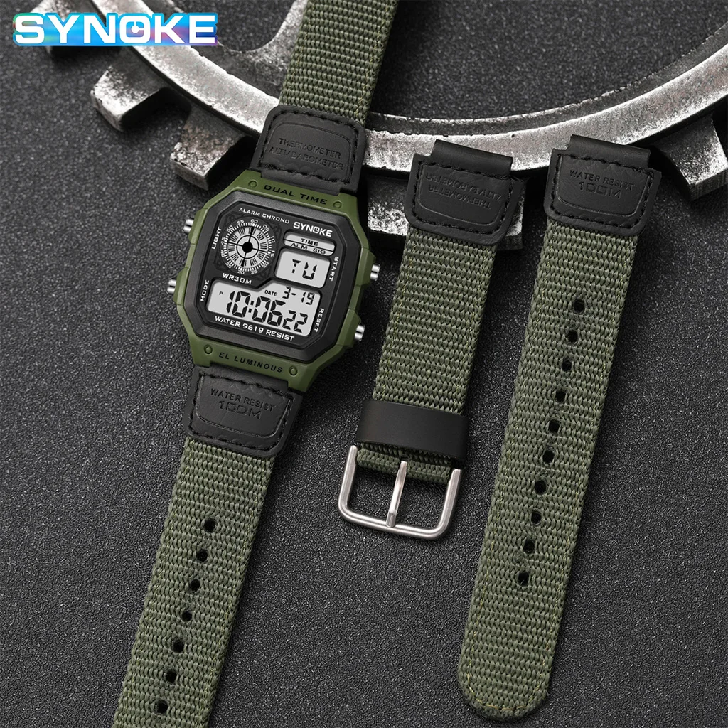 SYNOKE Nylon Canvas Strap Retro Digital Watch Luminous And Waterproof Sports Men Square Classic Student Outdoors Military Watch