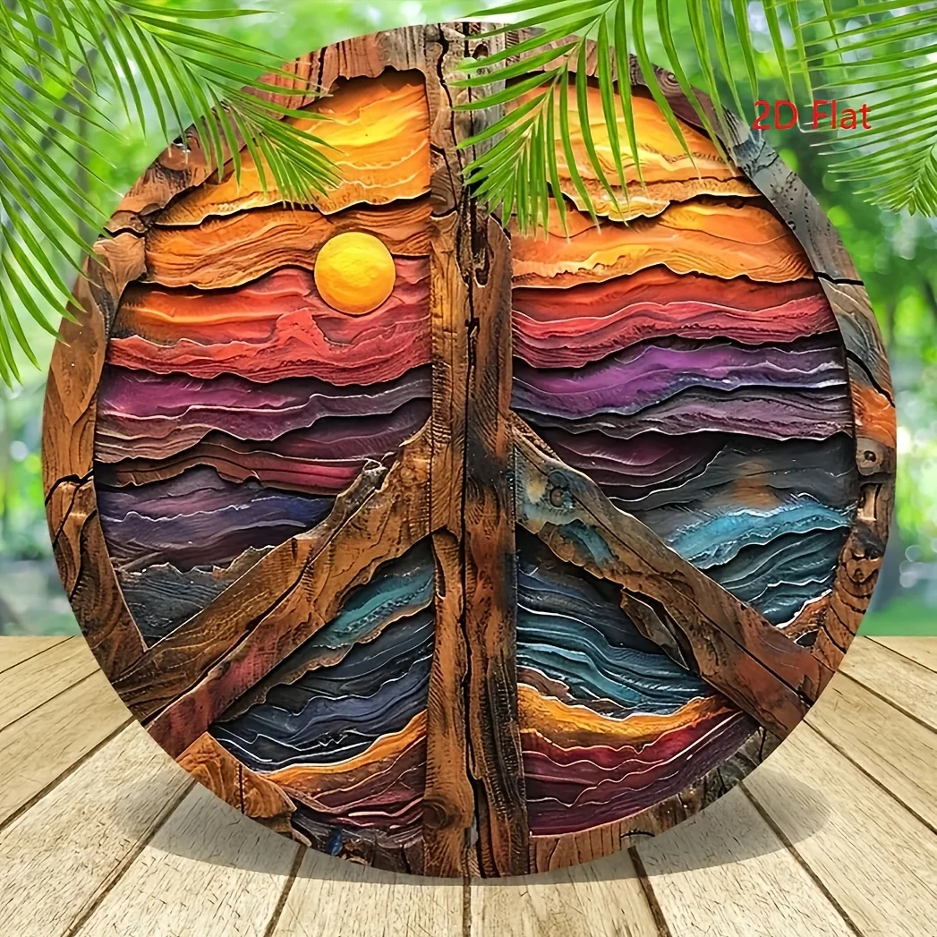 2D Flat, 2D Flat - [2D Flat] 1pc Vintage Peace Sign Wall Art, Round Wood Decoration, Colorful Floral Design, 2D Print, Recycled