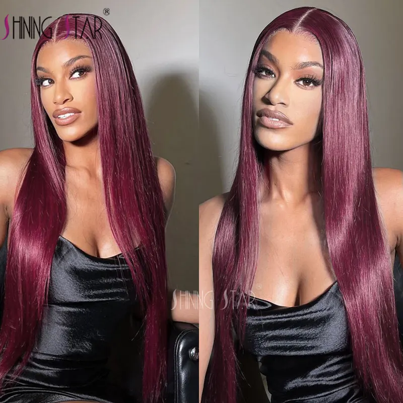 Burgundy Red Bone Straight Lace Front Human Hair Wigs Pre Plucked Colored 99J Red 13x6 Transparent Lace Frontal Wig Human Hair