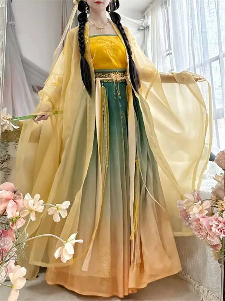 

Chinese Hanfu Dress Women Ancient Traditional Embroidery Yellow Hanfu Female Halloween Fairy Cosplay Costume Party Hanfu Dress