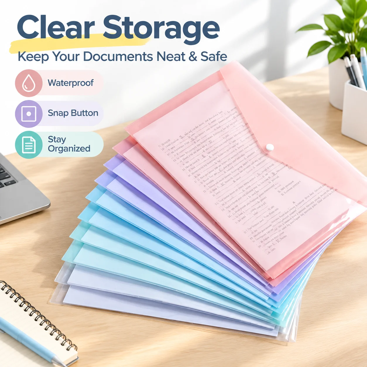 A4 Clear Plastic File Bag Macaron Morandi Tone Waterproof Snap Button Document Pouch Office Study Data Storage Organizer