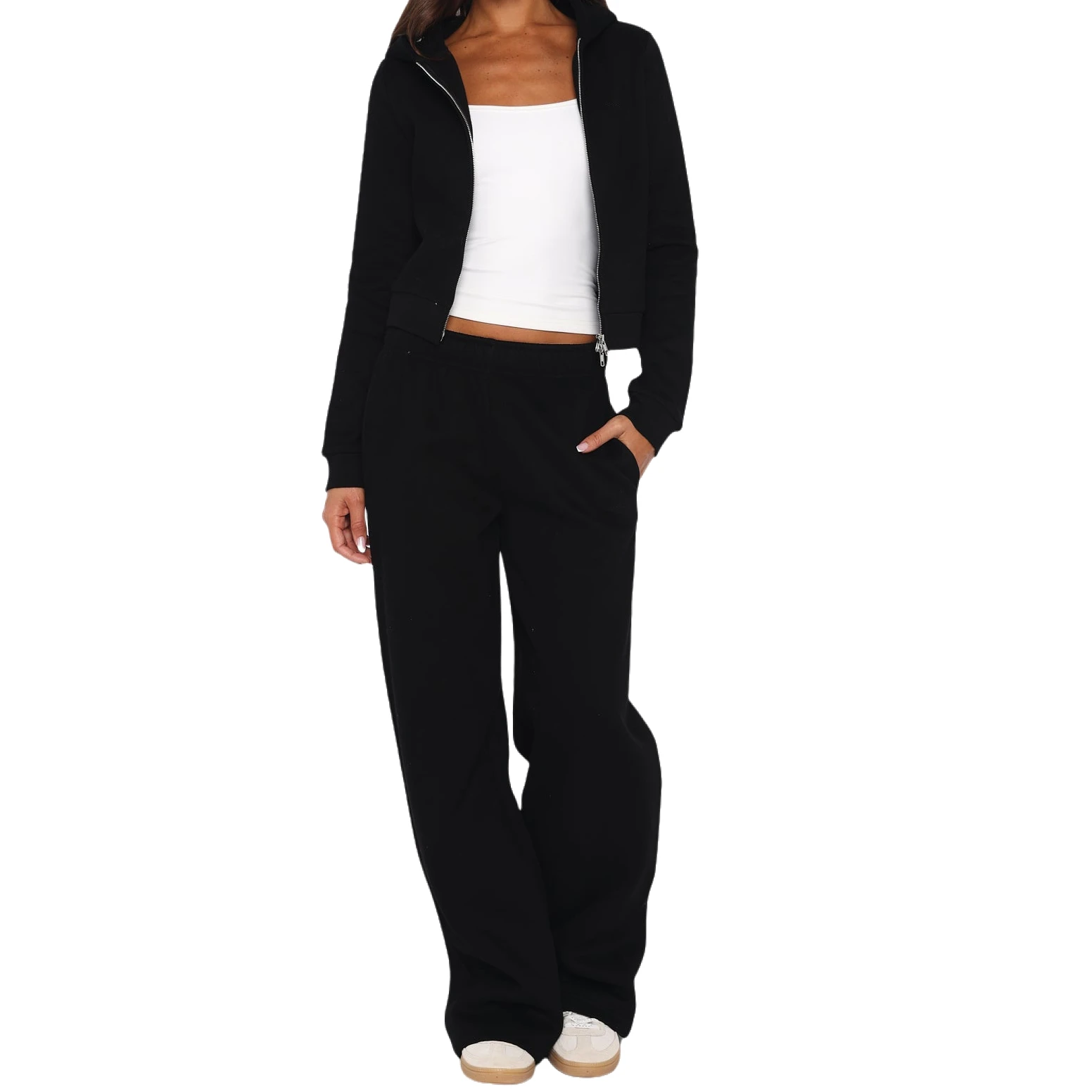 Quality Women's Pants Set Fashionable Solid Color Long Sleeve Zip Up Hoodie with Loose Fit Sweatpants 2Ps Outfits