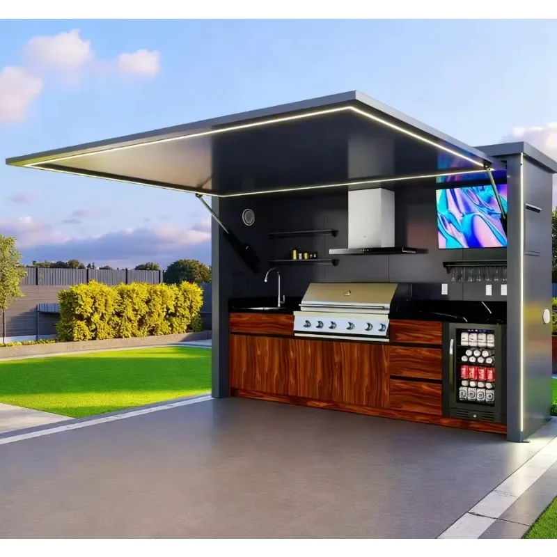 Modular Weatherproof Enclosed Shelter with Outdoor Kitchen Pavilion Featuring a Barbecue and Sink