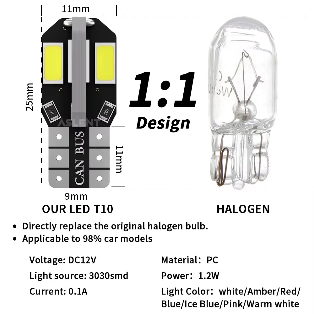 10Pcs W5W T10 LED CANBUS No Error 5W5 12V 2W 600Lm Super Bright Car Interior Side L22ight 194 3030 SMD Auto Bulb White Amber Red image 2