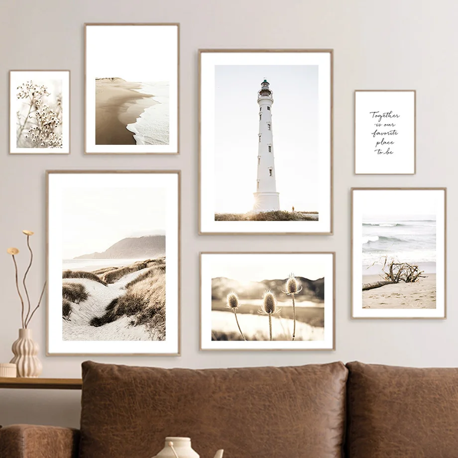 Sea Waves Sand Beach Lighthouse Dry Plant Beige Wall Art Canvas Painting Posters And Prints Wall Pictures For Living Room Decor