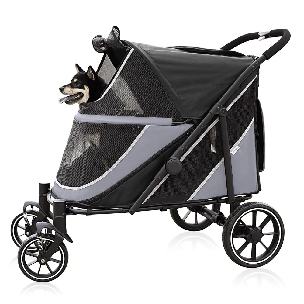 One-Click Folding, Extra Large Pet Stroller for 2 Dogs with Storage Pocket & Shock Absorption
